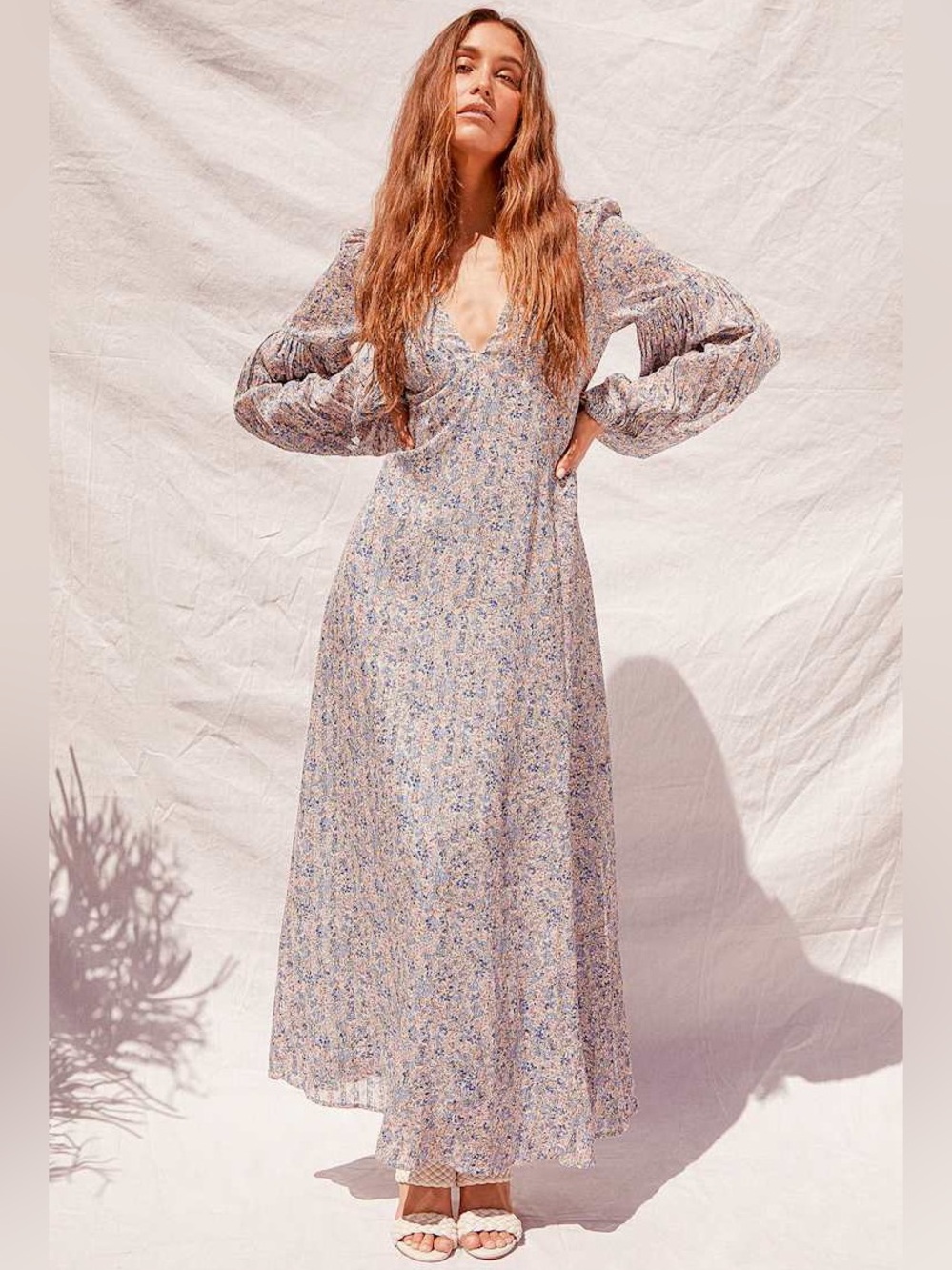 NWT Lulus Garden Paths Beige Floral Print Puff Sleeve Maxi Dress Size Small